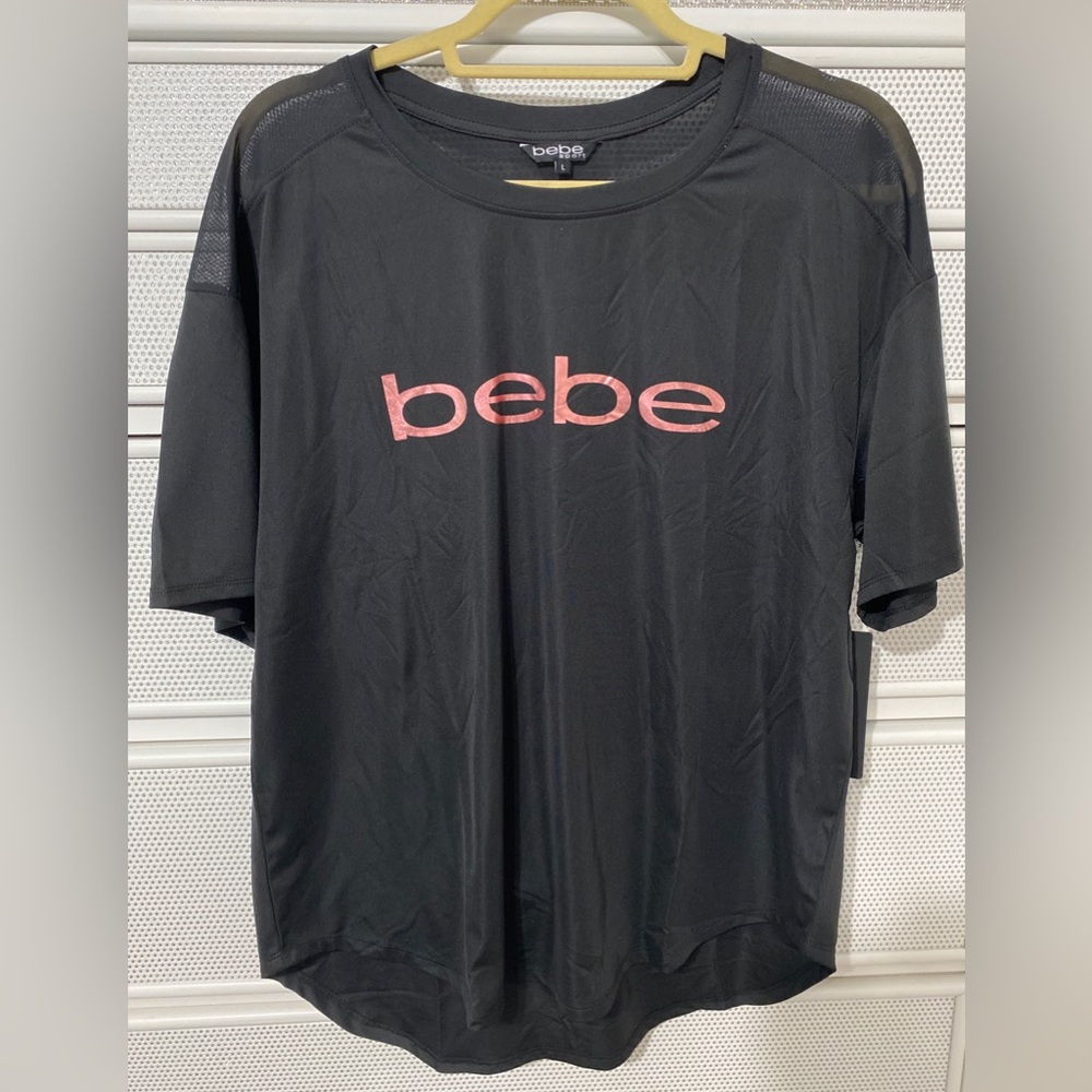 NWT BEBE SPORT Women’s FLATLOCK TEE With Rose Logo Short Sleeve